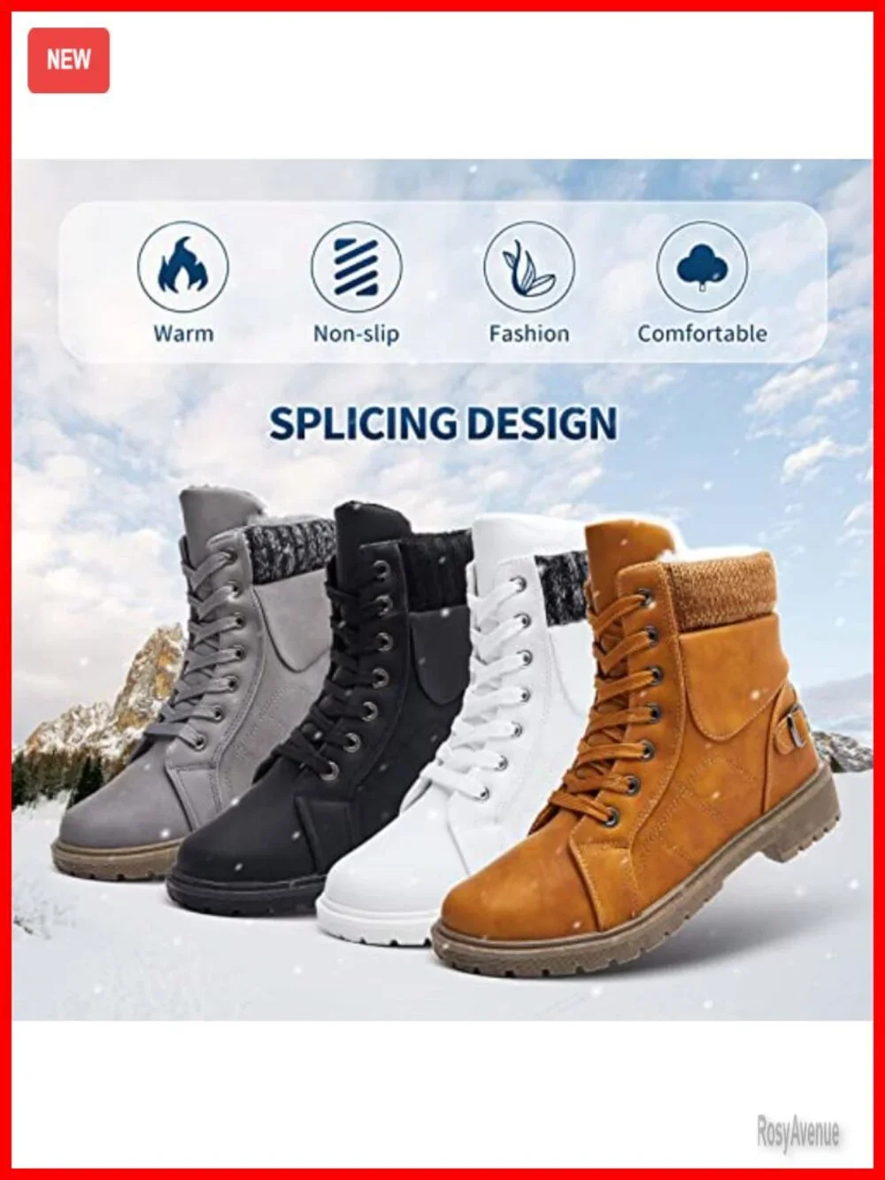 Faux Leather Fur Lined Lace Up Combat Boots Waterproof Hiking Ankle Booties